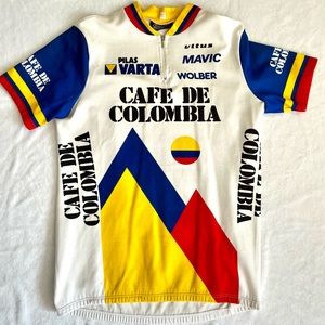 Tommaso Vintage Cycle BikeJersey ItalianCafe de Colombia White Blue Yellow Red